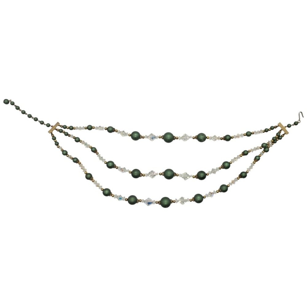 Vintage Triple Strand Beaded Necklace Green Satin Faux Pearl AB Crystal 17"